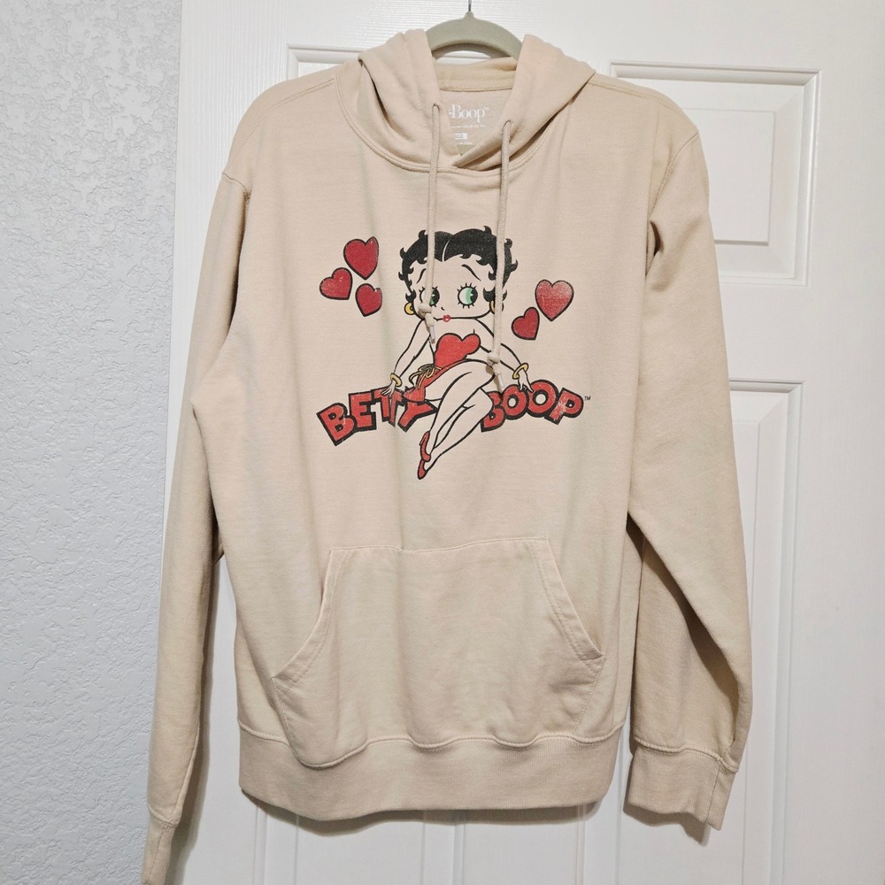 Betty Boop Graphic Hoodie Sweatshirt Beige XLarge Hearts Licensed - Picture 2 of 10